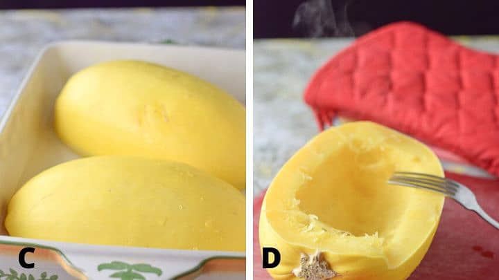 Spaghetti squash upside down in the pan and then out with steam coming off it