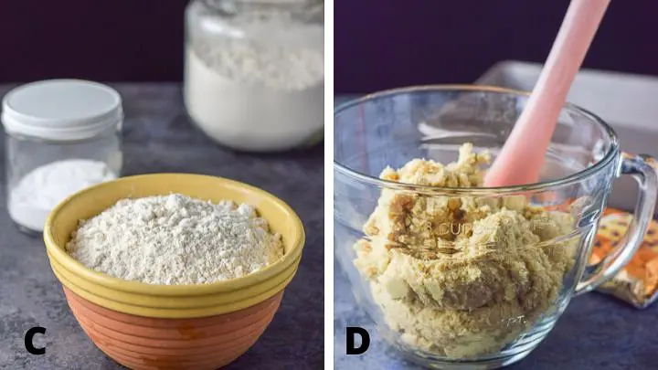 Left - flours and baking soda. Right all the ingredients mixed together in a clear bowl
