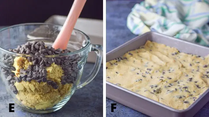 Chocolate chips mixed in batter and then pressed in a square pan