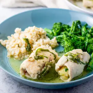A couple of rolled up chicken on a plate with rice and broccoli rabe - square