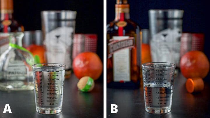 Tequila and Cointreau measured out with the bottles, shakers and glasses in the background