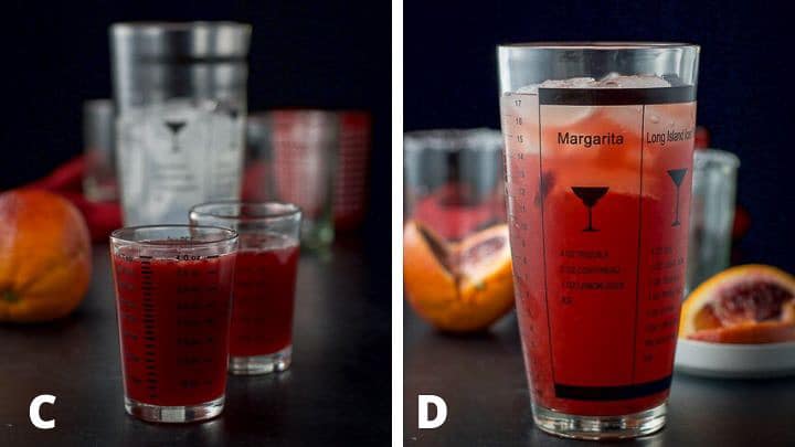 Blood orange juice measured out with the oranges in the background and the shaker filled with the cocktail