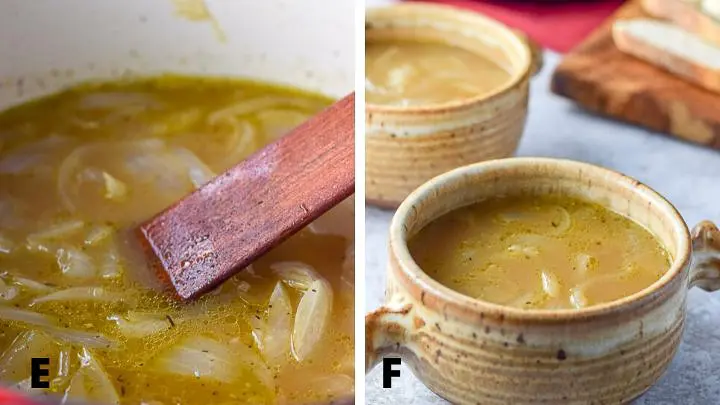 On the left - the soup in a Dutch oven and on the right - the soup is in two crocks