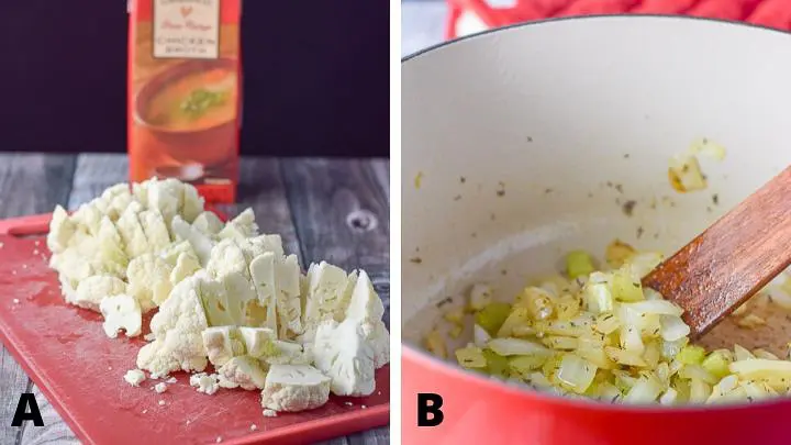 Left - cauliflower chopped on a red board with chicken broth in the background. Right - onion sautéed in a red pan