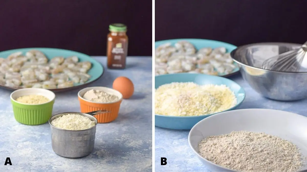 On the left - panko, bread crumbs, coconut, egg and flour. On the right - the flour in one bowl, and bread crumbs in another with raw shrimp in the background