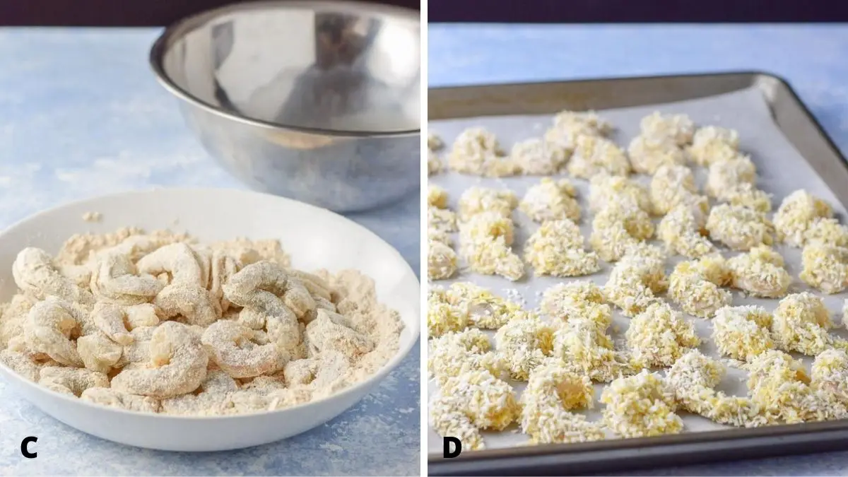 On the left - shrimp in the bowl of bread crumbs and on the right - coconut dripped shrimp on a jelly roll pan on the right