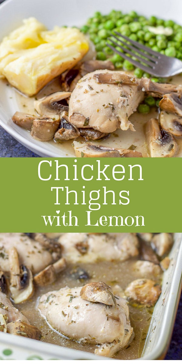 This chicken thighs with lemon is so scrumptious! The lemon/wine sauce combined with herbs make the chicken so tender and delicious! And add sliced mushrooms and you have the perfect meal. #chicken #chickenthighs #lemon #chickenwithlemon #dishesdelish #dishesdelishrecipes https://ddel.co/ctwl