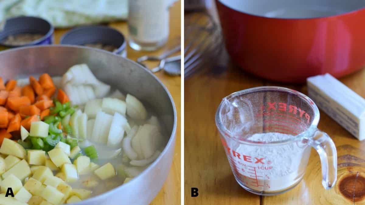 On the left - veggies and clam juice and on the right - the roux ingredients