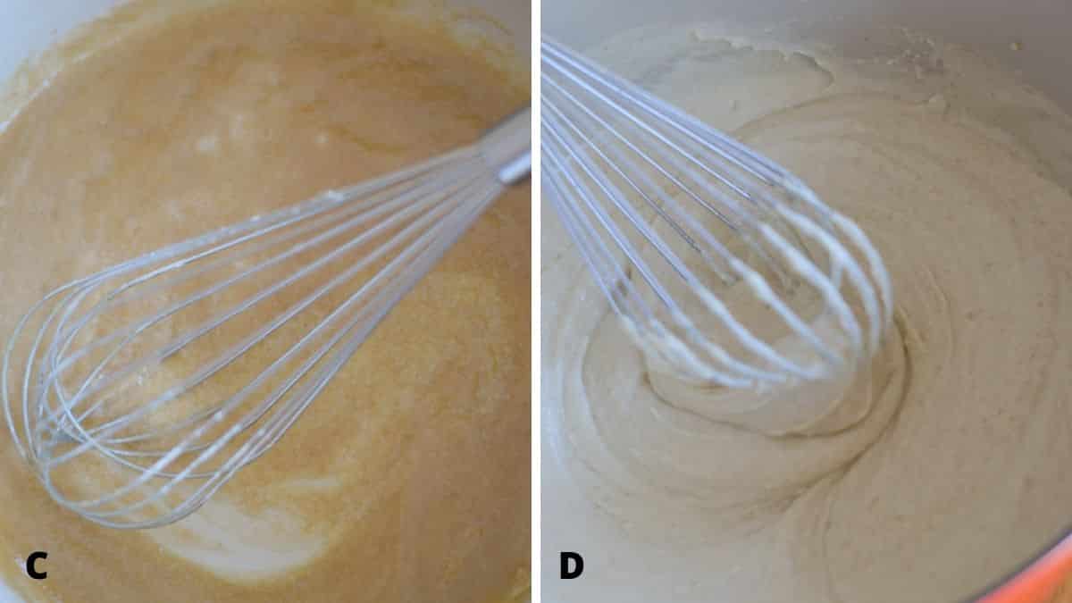 Butter and flour mixed for a roux on the left and cream added to the roux on the right