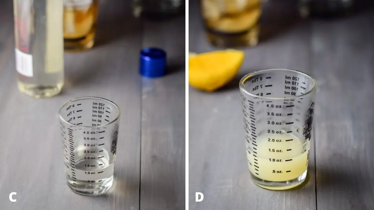 Simple syrup measured out with bottle in the background on left and on the right - lemon squeezed out with the lemon in the background