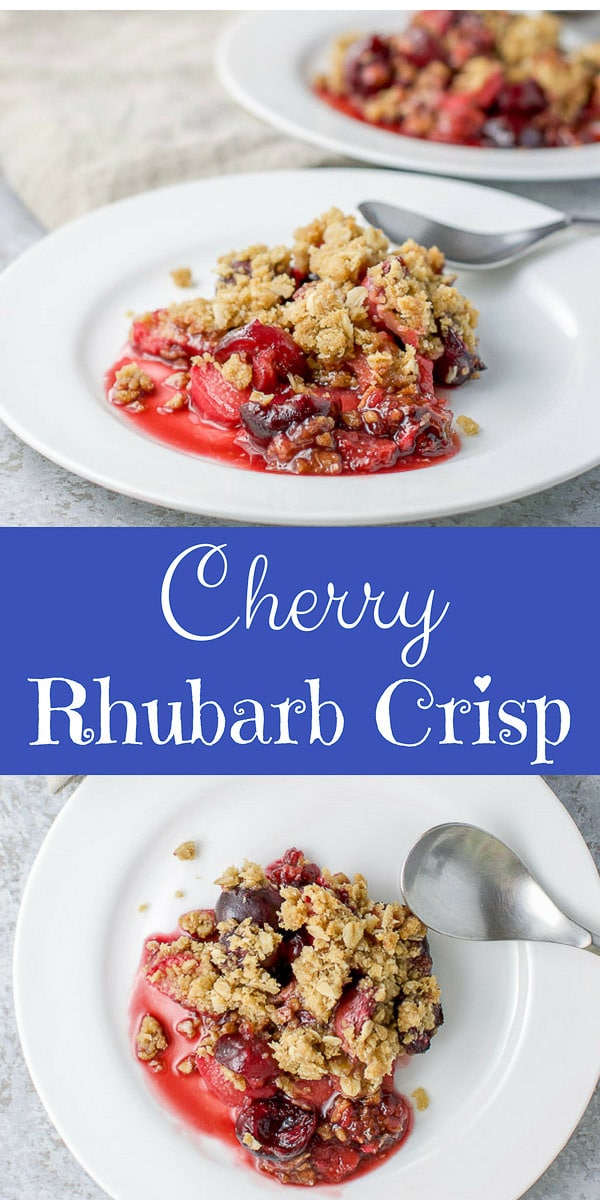The balance of the sweet and sour of this cherry rhubarb crisp recipe is so wonderful that you are going to want to make this crisp whenever you can. It's so delicious and easy to make! #rhubarb #cherry #cherryrhubarb #dessert #crisp #dishesdelish #dishesdelishrecipes https://ddel.co/crc