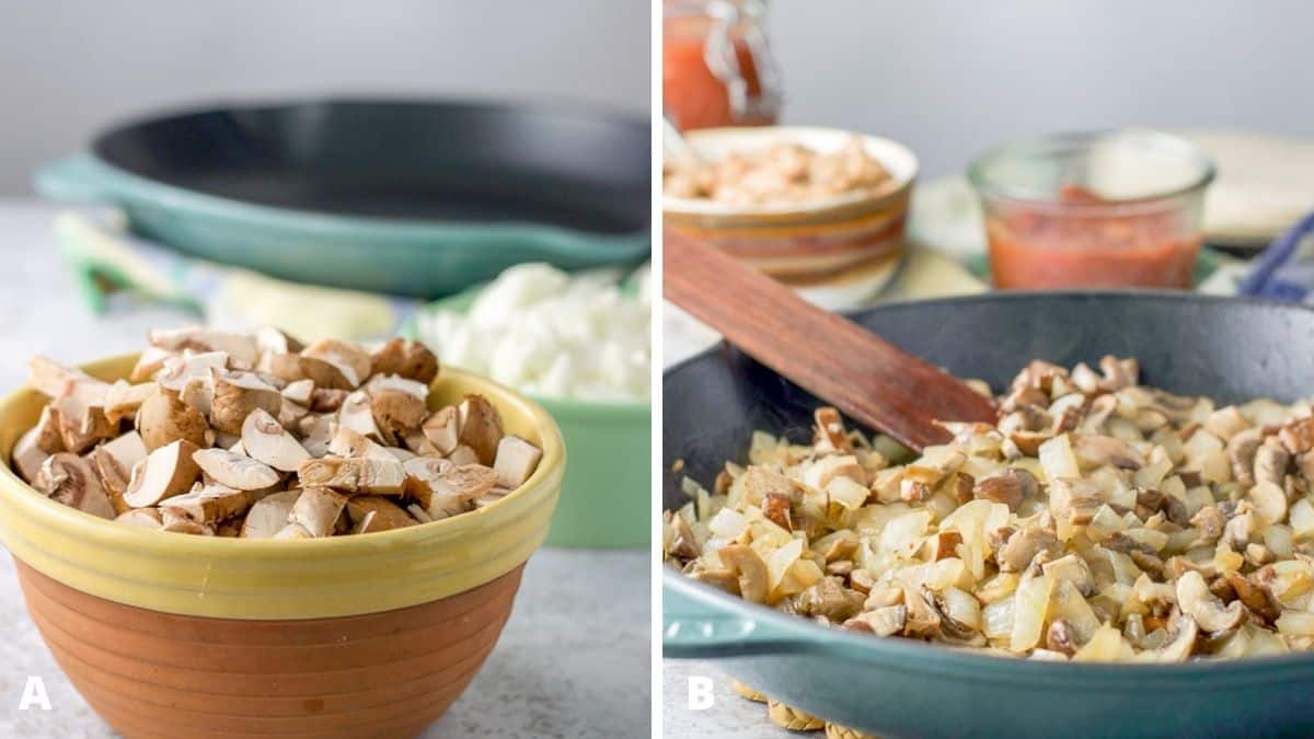 Left - sliced mushrooms and chopped onions. Right - a pan with saut&eacute;ed mushrooms and onions