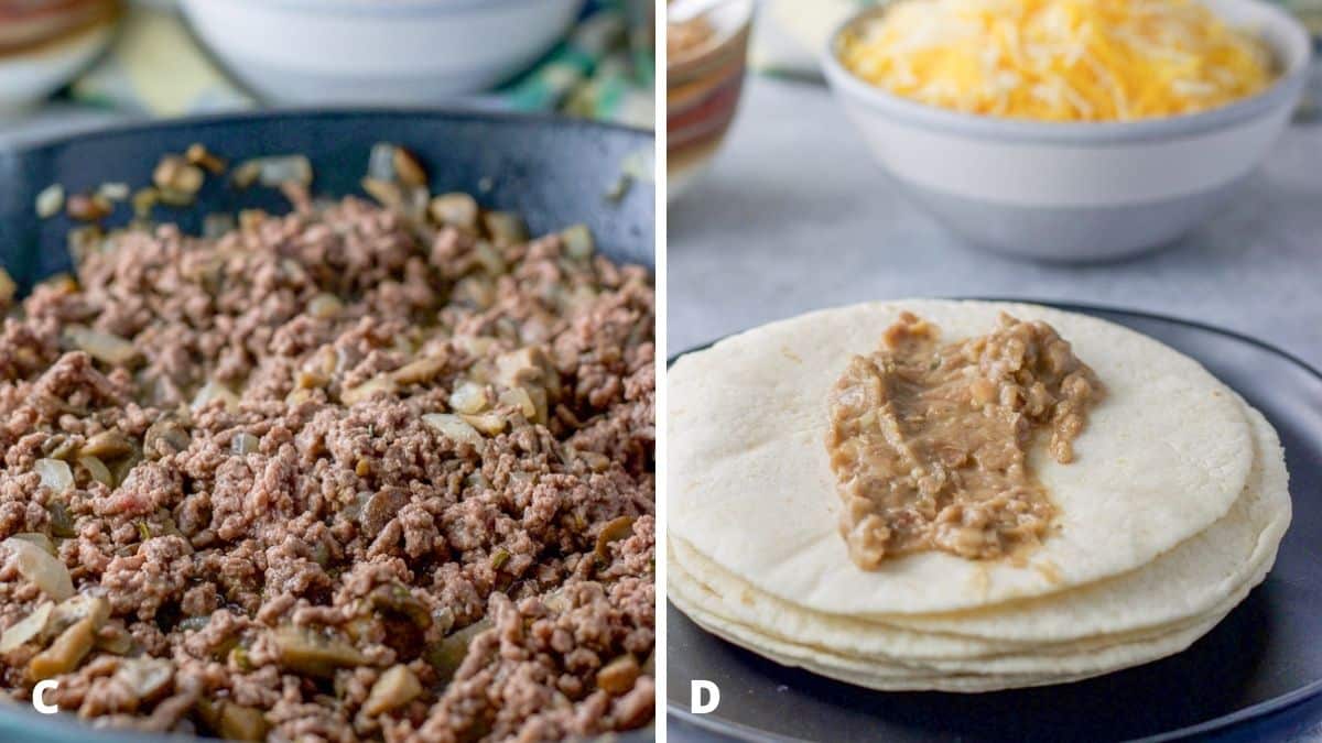 Left - a pan with ground beef saut&eacute;ed with the veggies. Right - beans smeared on a tortilla with cheese in the background