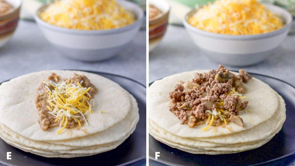 Left - Cheese added to the beans on the tortilla. Right - ground beef added on the cheese on the tortilla