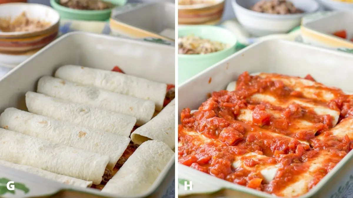 Left - enchiladas rolled and put in a baking dish. Right - enchilada sauce spooned on the enchiladas
