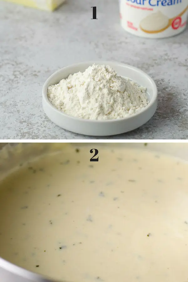 Flour, sour cream and butter in the upper photo and the scour cream sauce in a pan