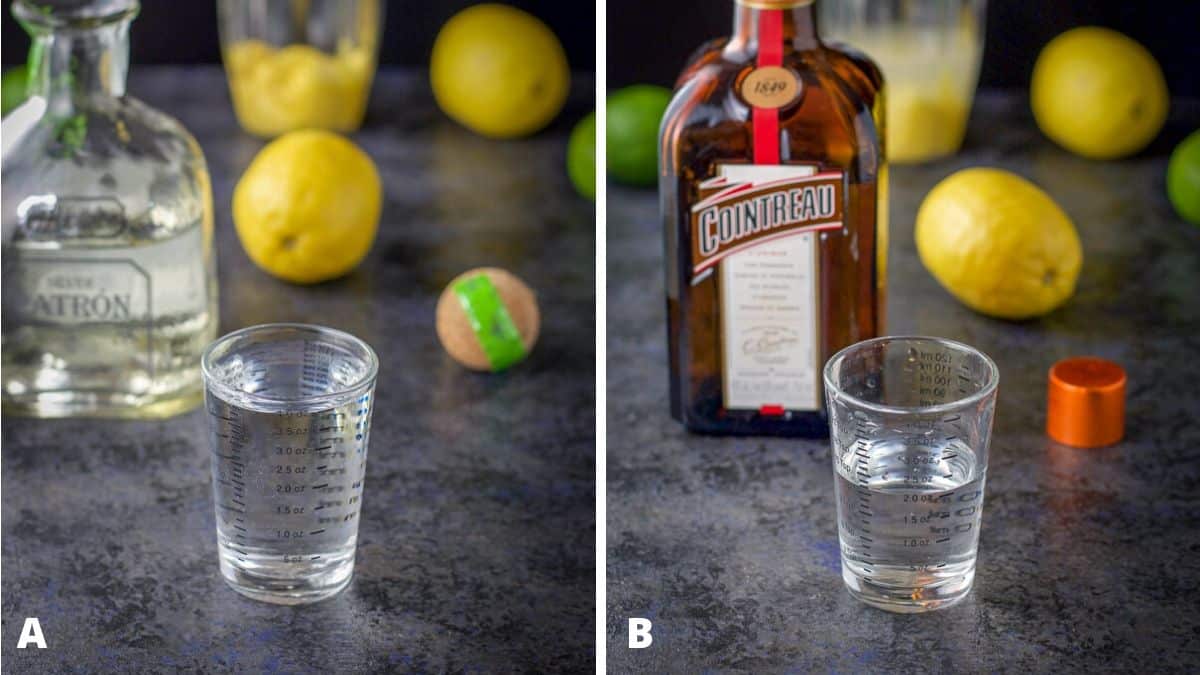 Tequila and orange liqueur measured out with the bottles, blender container and lemons in the background