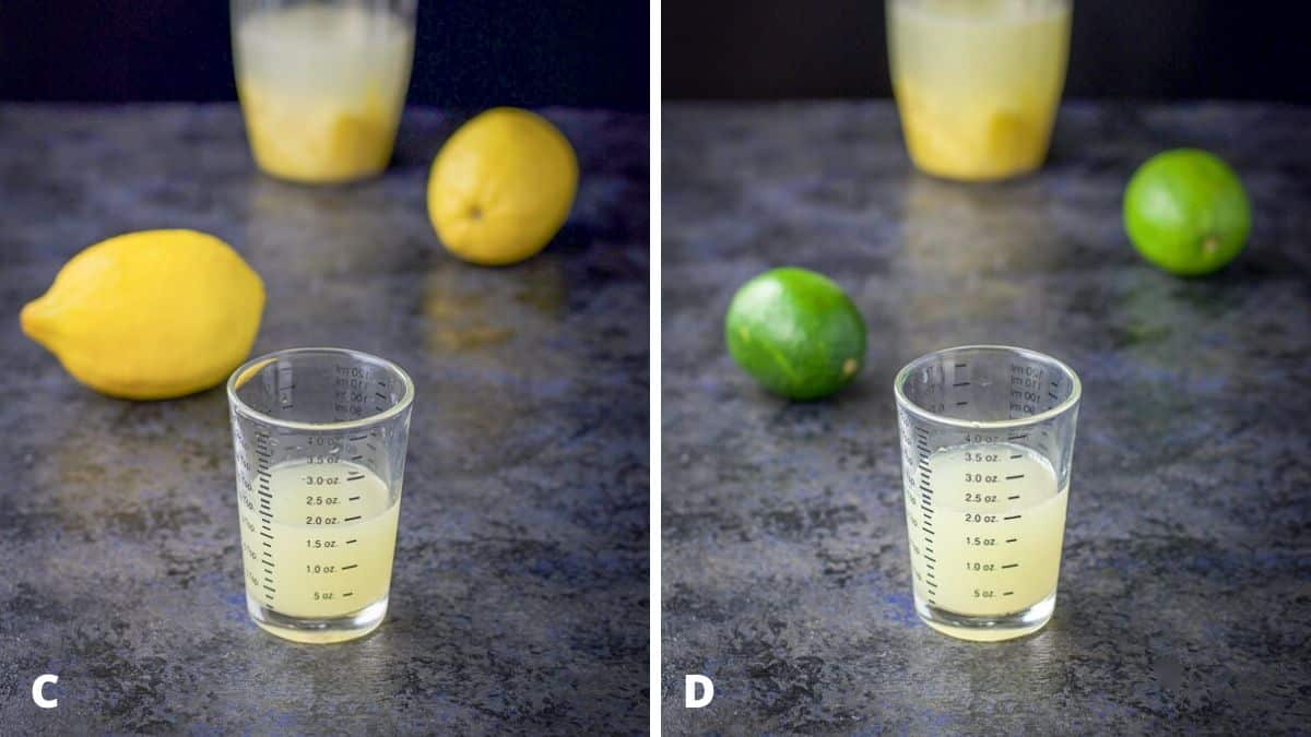 Lemon and lime juice measured out with the blender container and lemons and limes in the background