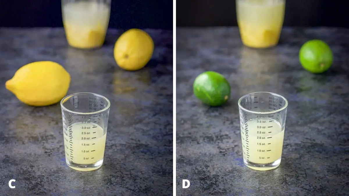 Lemon and lime juice measured out with the blender container and lemons and limes in the background