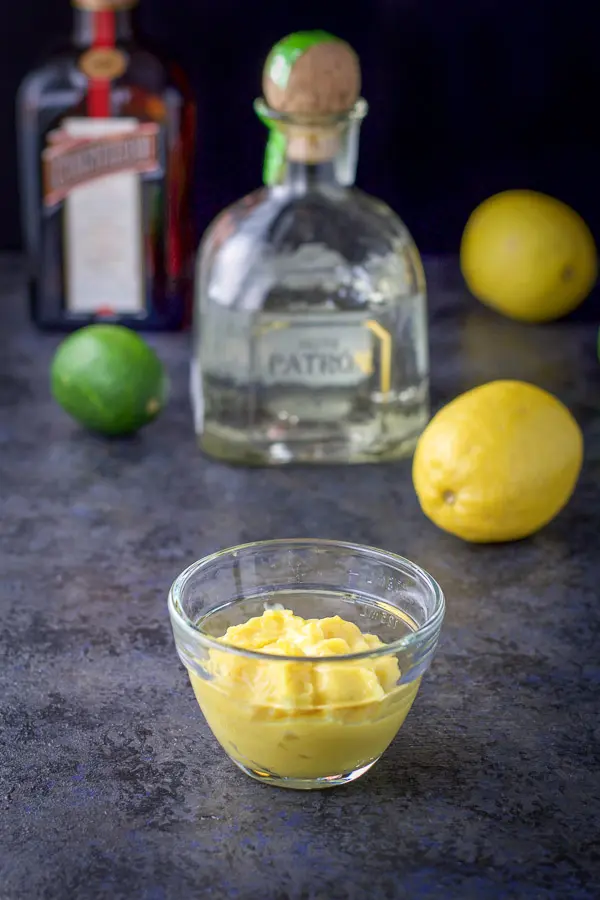 Lemon curd, tequila, cointreau, two lemons and a lime