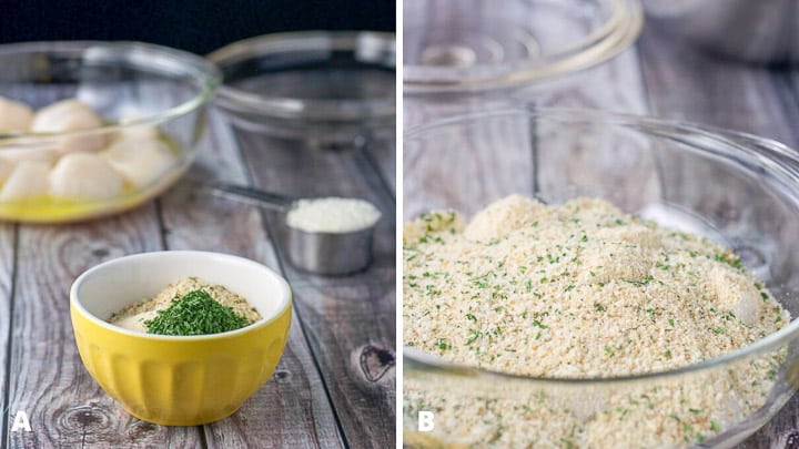 Breadcrumbs mixture ingredients in a small bowl, parm cheese and the scallops and butter in a casserole dish. And  the breadcrumb mixture poured on top