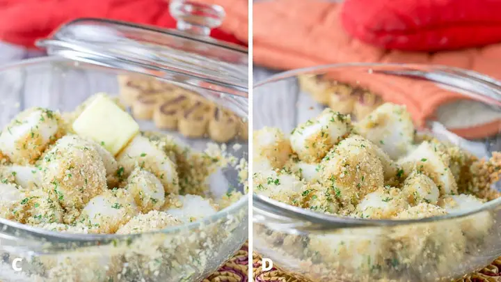 A clear casserole dish with the scallop and breadcrumb mixture and a chunk of butter. And the scallops cooked in the second photo