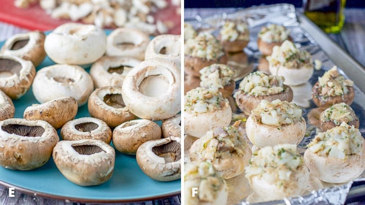 Mushrooms cleaned and the stems chopped. And the scallop mixture stuffed in them
