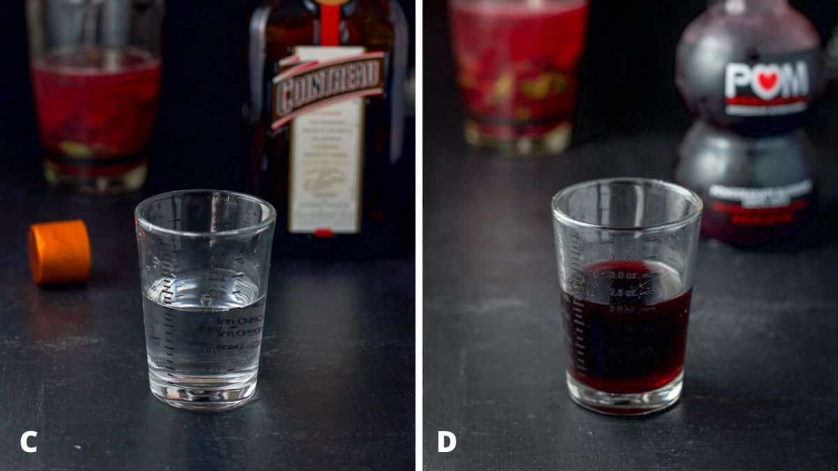 Cointreau and blueberry juice poured out with the bottles in the background