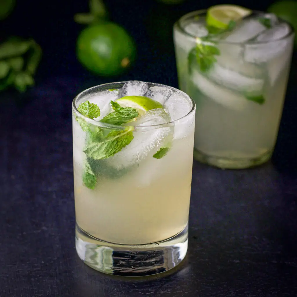Double old fashioned glass filled with a minty and lime, rum drink - square