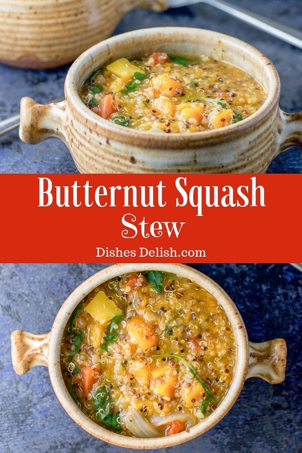 This hearty and delicious butternut squash stew has quinoa and arugula is packed with so much flavor that it will satisfy every comfort food need! #butternutsquash #stew #quinoa #dishesdelish https://ddel.co/bss