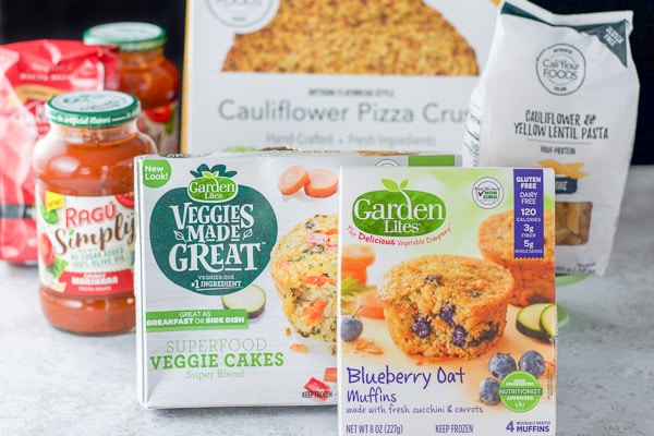 All the boxed ingredients for the cauliflower pizza