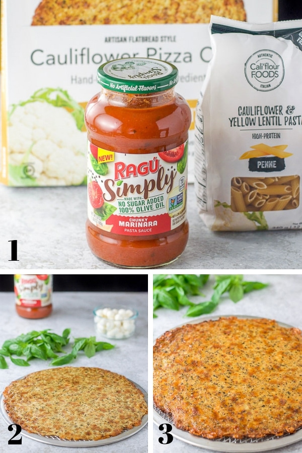 Pasta sauce, pasta and the crust; in one photo, then raw crust on a pan with basil, cheese and sauce in another and the crust cooked