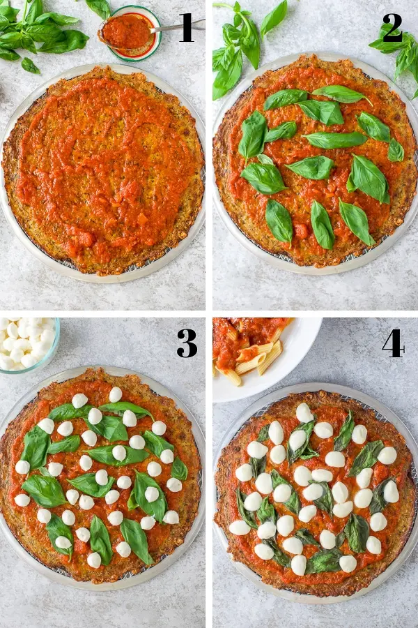 Top left - cooked crust with pasta sauce. Top right - basil laid on the sauce. Bottom left - cheese on the basil and bottom left the pizza cooked