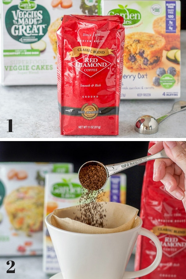 Coffee and boxes of treats and a hand dropping coffee grounds in a pour over container