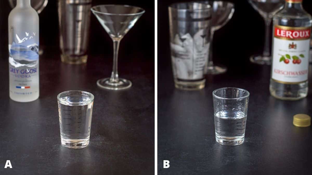 Vodka and cherry liqueur measured out with the bottles in the background