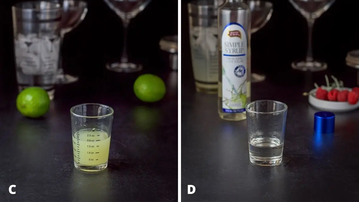 Lime juice and simple syrup measured out with the lime and bottle in the background