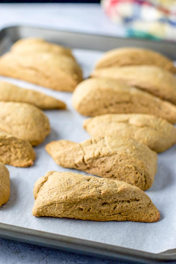 Scones on a pan with parchment paper straight out of the oven