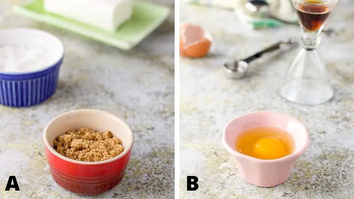 On the left, white and brown sugar and vegetable shortening and on the right, an egg, vanilla and molasses