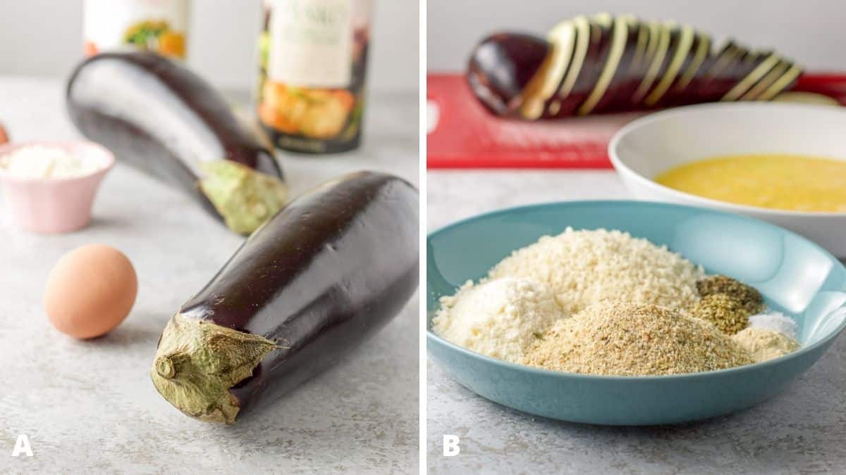 On left - eggplant, egg, cheese and bread crumbs. On right - breadcrumbs in a bowl with egg in a bowl and sliced eggplant