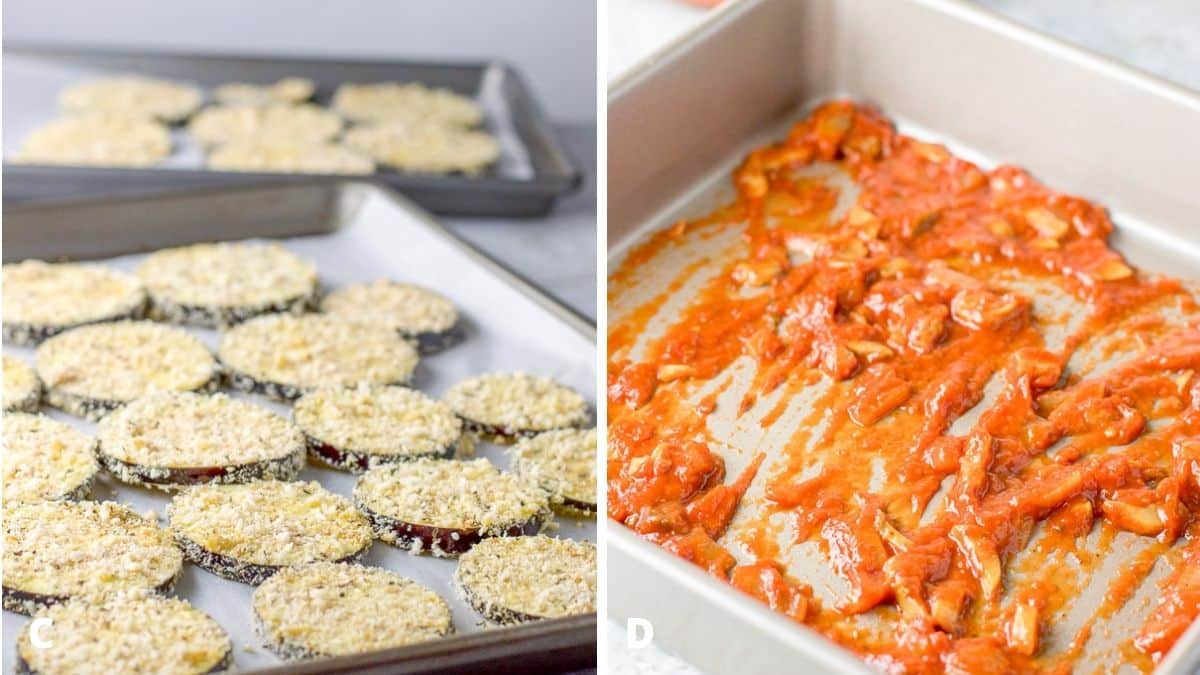 On the left - breaded eggplant on jelly roll pans. On the right - sauce in the pan