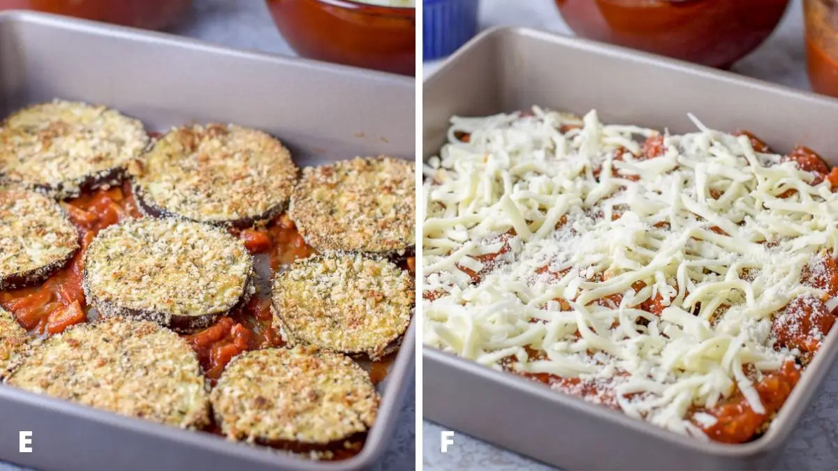 On the left - Baked eggplant on the red sauce and on the right, sauce and cheese on top