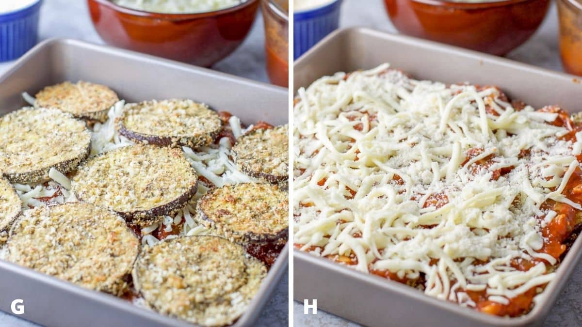 On the left - more eggplant on top. And the right - more sauce and cheese on top