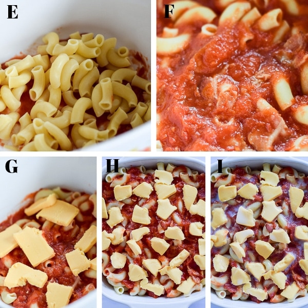 Layers of pasta, tomato and cheese in a casserole dish