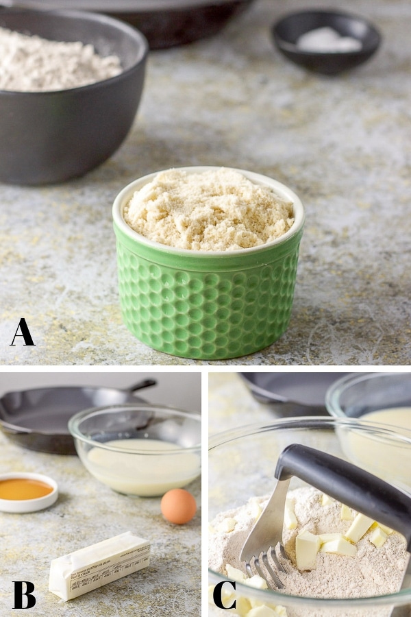 Flours, butter, egg and wet ingredients ready to join the dry ingredients