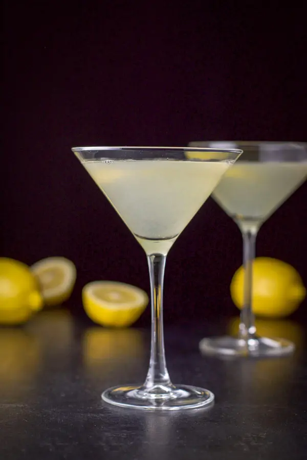Vertical view of the lemon martini with the smaller glass in front
