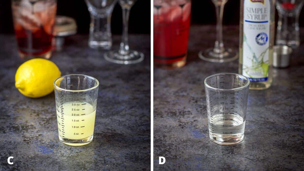 Lemon juice and simple syrup poured out with the bottle and shaker in the background