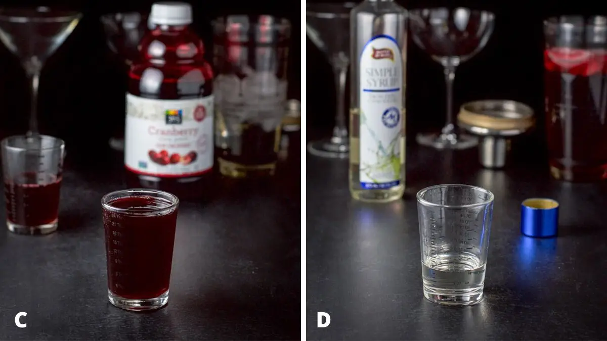 Cranberry juice and simple syrup poured out with the bottles in the background