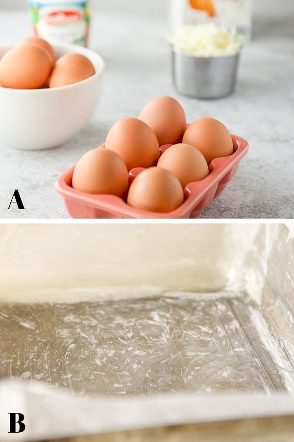 Eggs, ricotta cheese, shredded mozzarella cheese, almond milkd and a wax paper lined casserole dish, well greased with shortening.