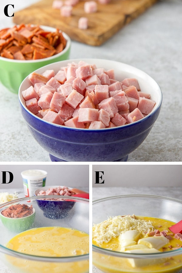 Bowl of cubed ham pieces, a bowl of pepperoni pieces, a bowl of eggs whisked with almond milk, and a bowl with shredded mozzarella, ricotta cheese, ham and pepperoni added to the egg mixture.