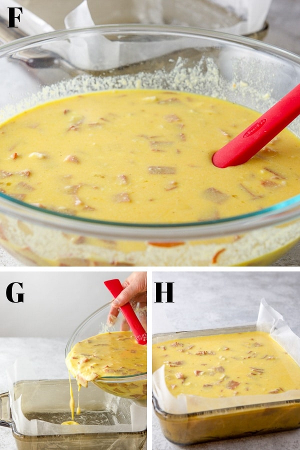 Bowl of the raw pizza gana batter fully blended, pouring the batter into the lined, greased casserole dish, and the batter in the casserole dish, ready for the oven.